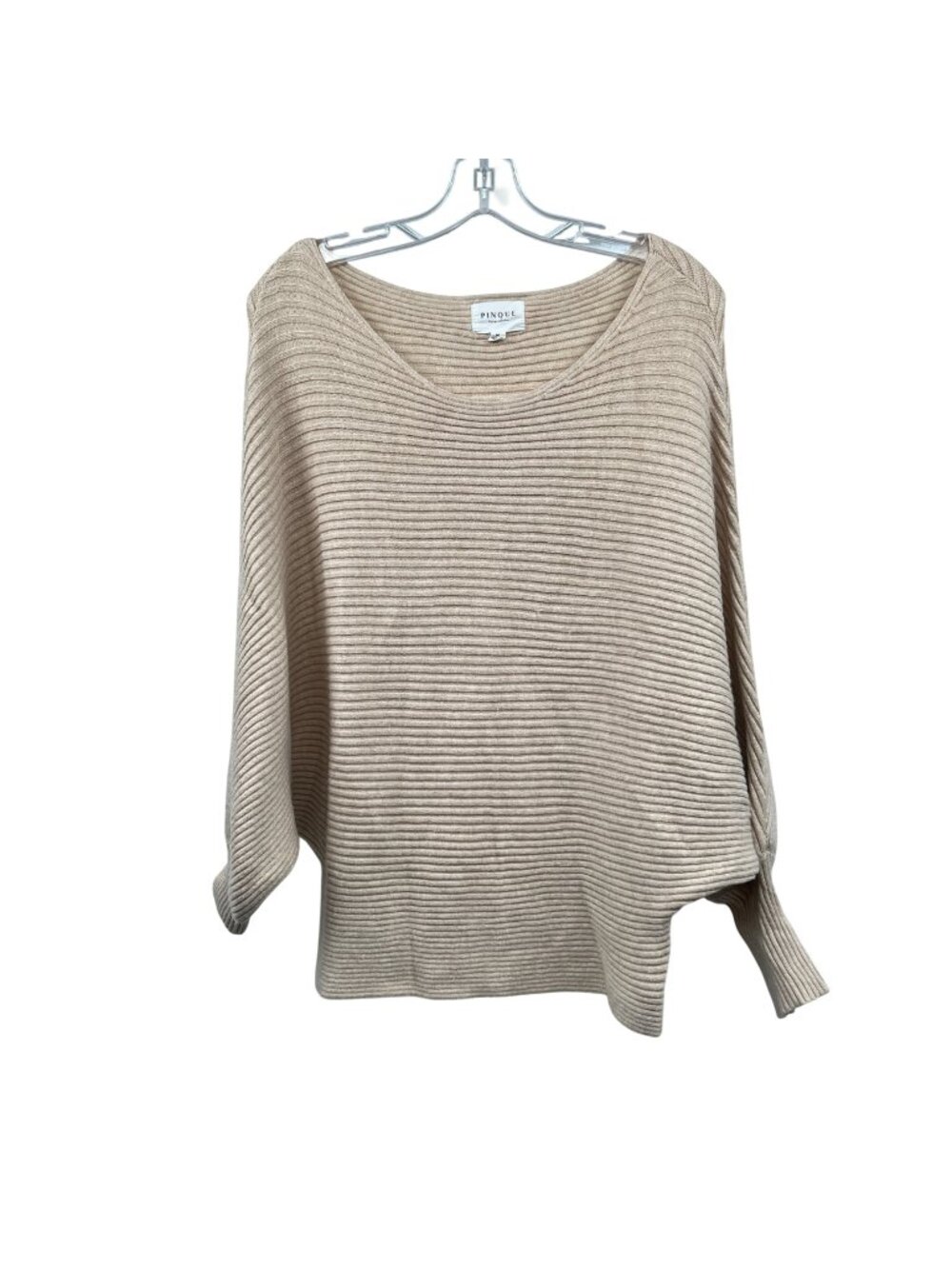 Pinque Womens Ribbed Pullover Sweater Long Batwing Sleeve Beige Size Medium